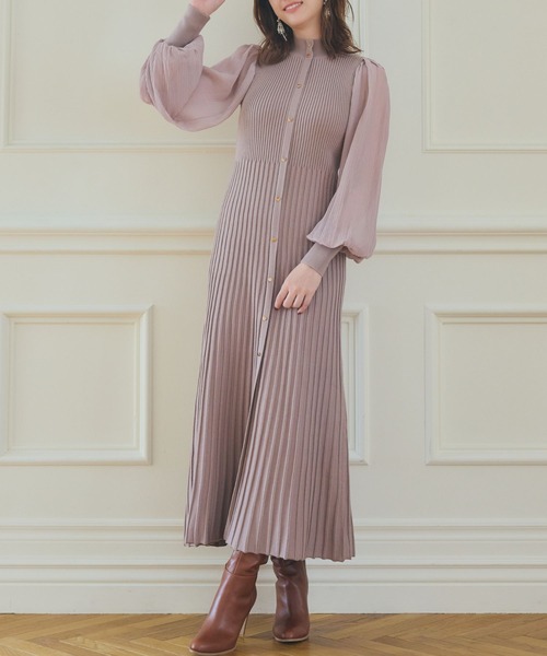 セール】【ZOZO限定】プリーツシフォンスリーブニットワンピース