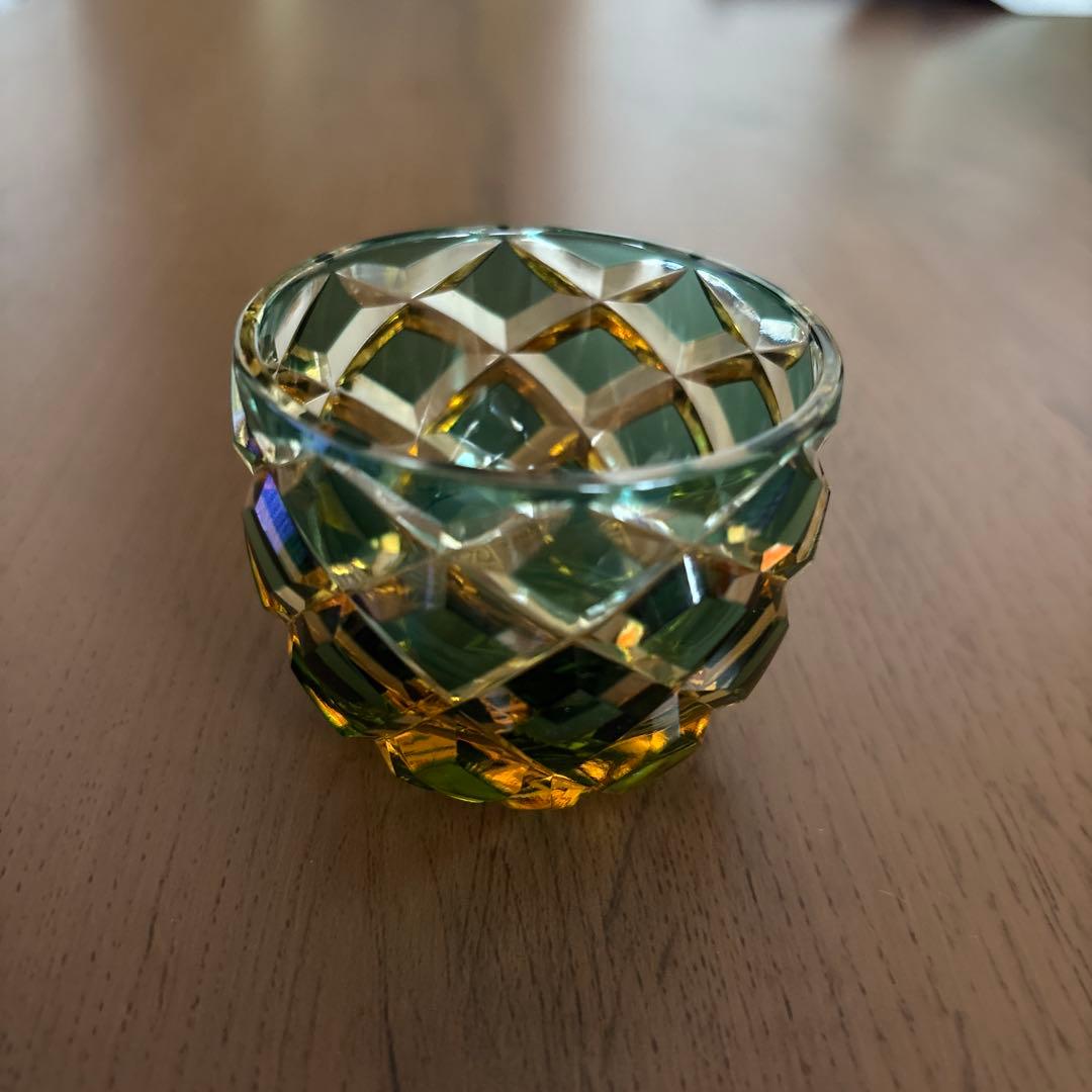 江戸切子 ガラス製品 格子模様　木村泰典 江戸切子 伝統工芸士 木村泰典 作 矢来魚子紋 オールドグラス 金赤