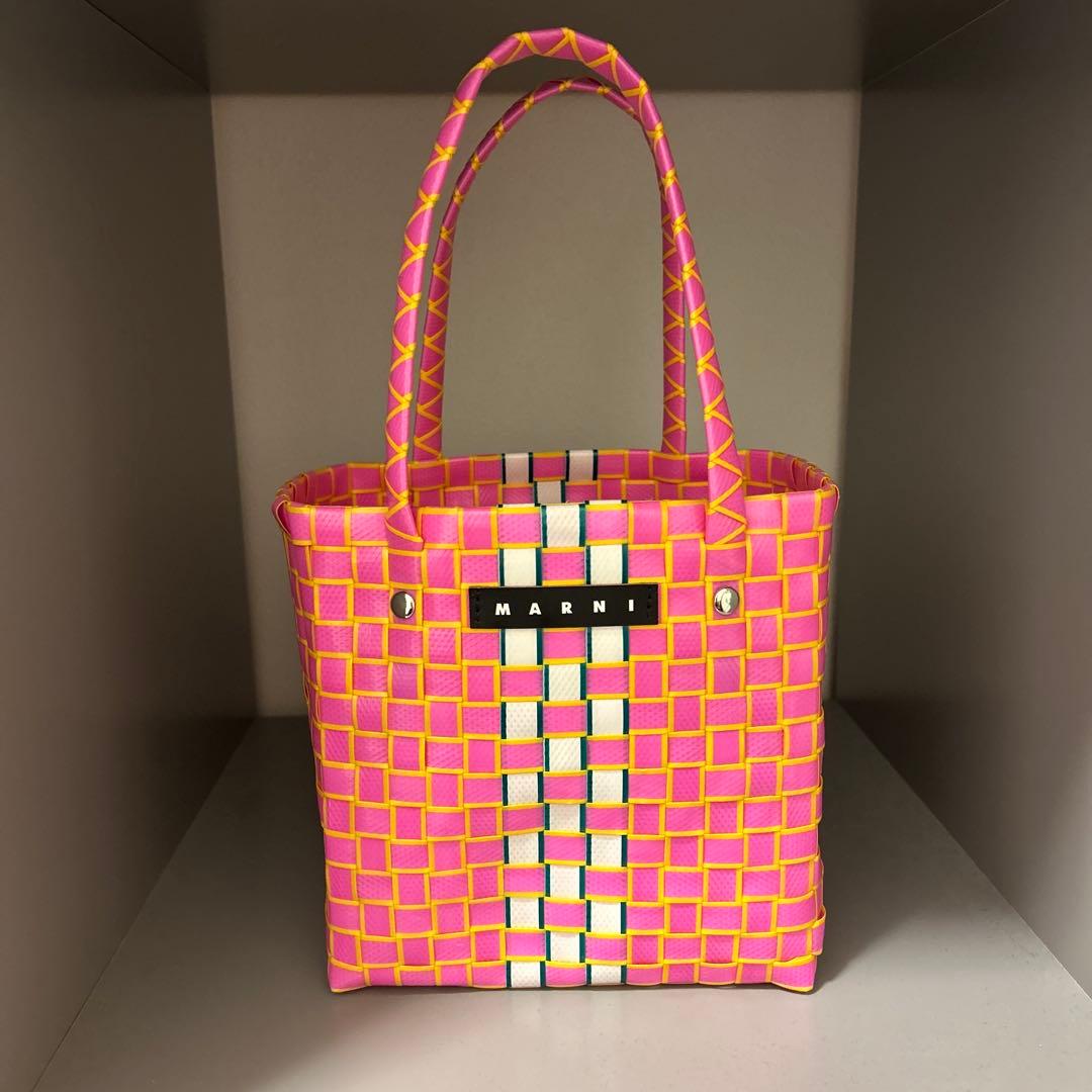 MARNI ピンク チェック柄 かごバッグ ピンク ブラック チェック MARNI MARKET ミニバスケットバッグ | Marni